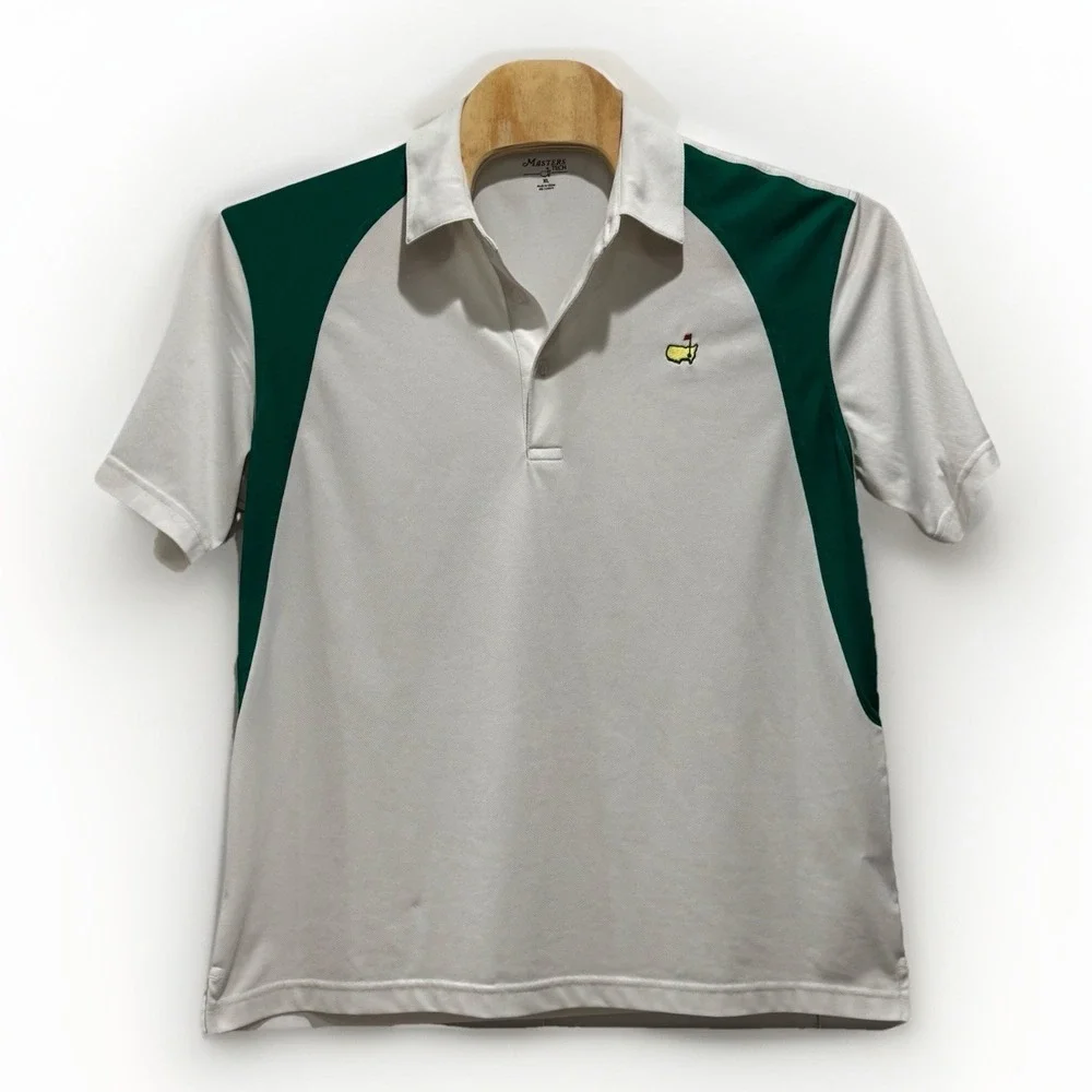 Masters Tech Golf Mens XL Athletic Polo Shirt Green‎ & White With Logo *flaw